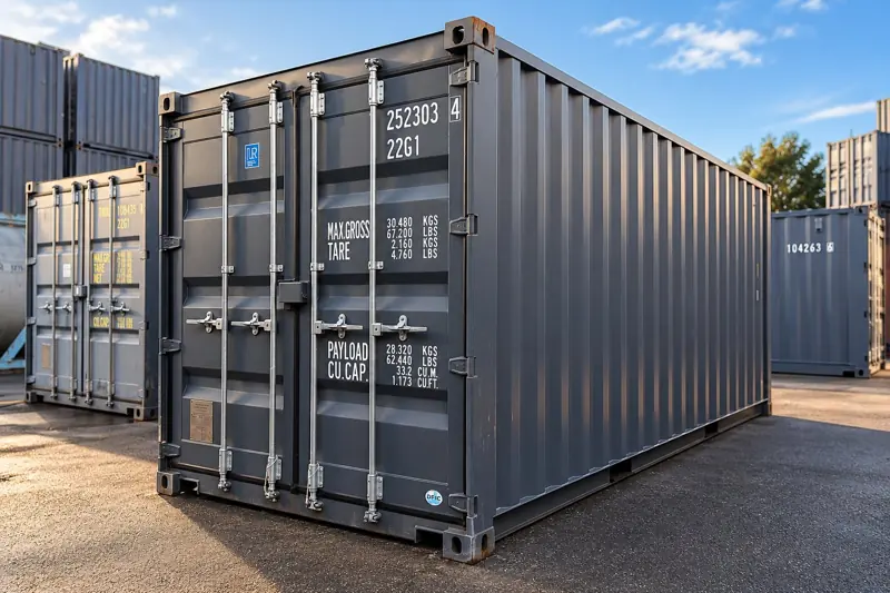 Container maritime 20 pieds gris, portes fermées avec marquages de tare et de charge utile