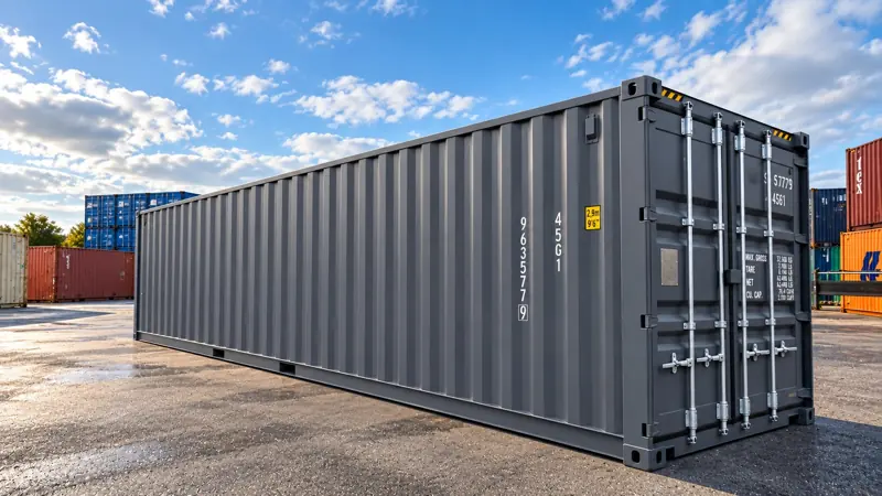 Container maritime 40 pieds High Cube gris vu de trois quarts sur un parc