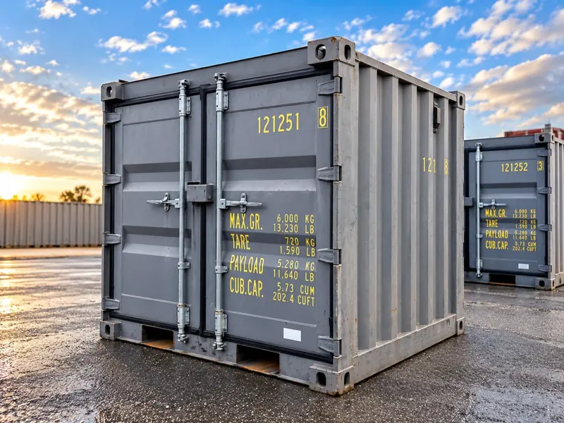 Container maritime 6 pieds gris, portes fermées avec marquages : tare 720 kg, charge utile 5 280 kg, 5,73 m³