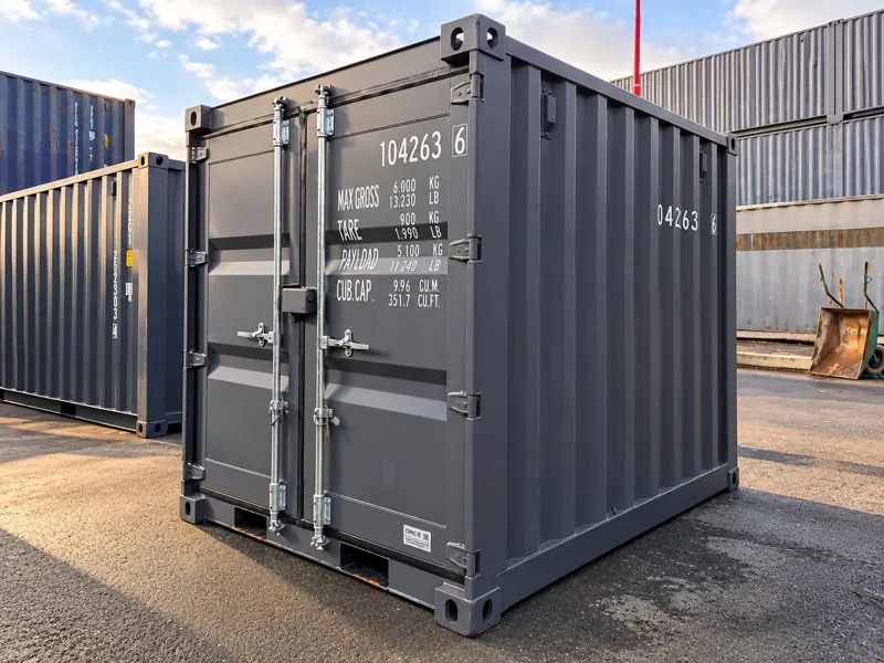 Container maritime 8 pieds gris, portes fermées avec marquages : tare 900 kg, charge utile 5 100 kg, 9,96 m³